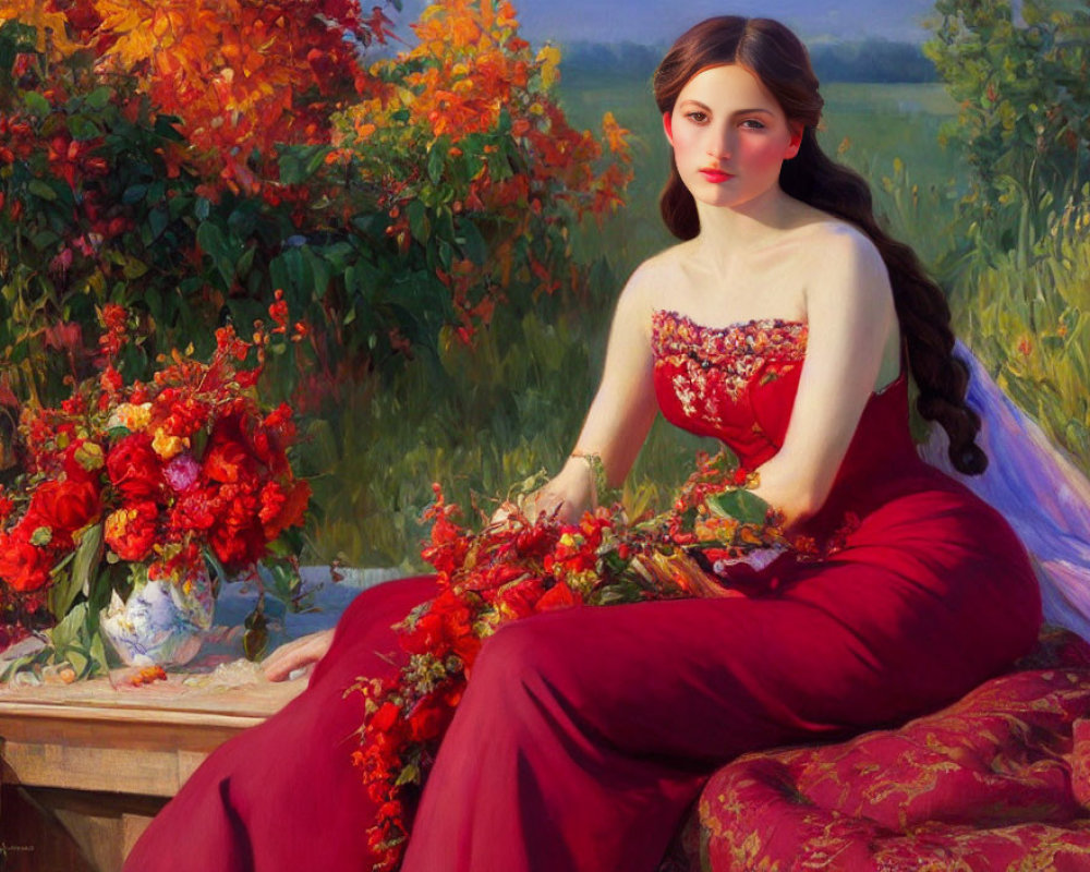 Woman in red dress arranging bouquet beside vase and lush greenery