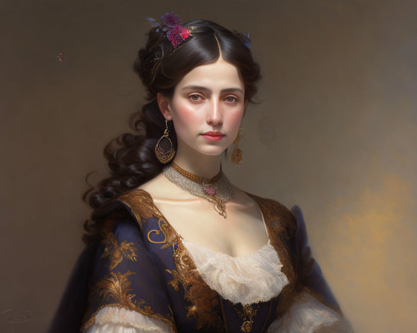 Portrait of Woman with Dark Curly Hair and Flower Hairpiece in Gold-Adorned Attire