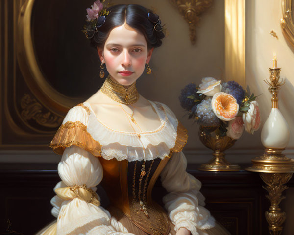 Victorian-era woman portrait in ornate dress and pearl necklace