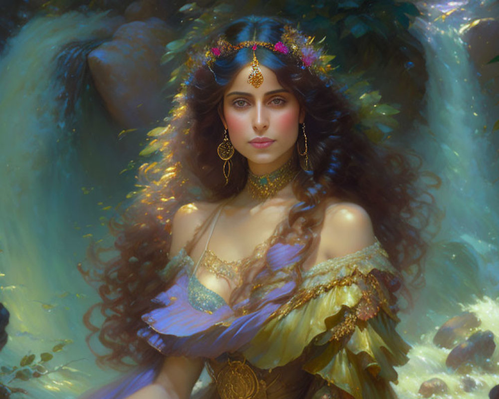 Digital artwork: Woman with dark hair and golden jewelry in ethereal waterfall setting