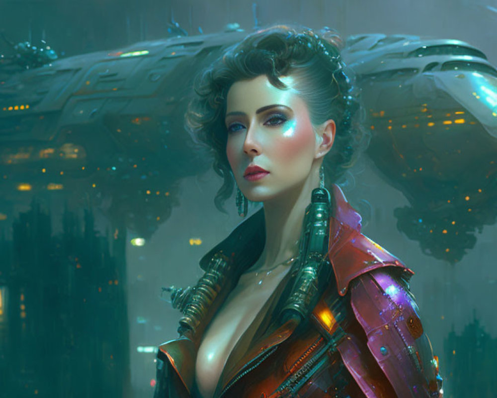 Futuristic woman with elaborate hairstyle in neon cityscape