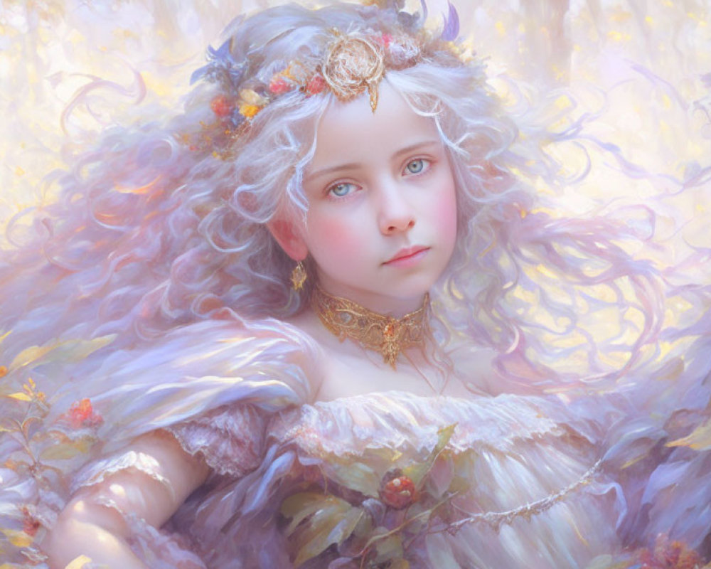 Young girl with silver hair in pastel foliage setting wearing flower crown and necklace.