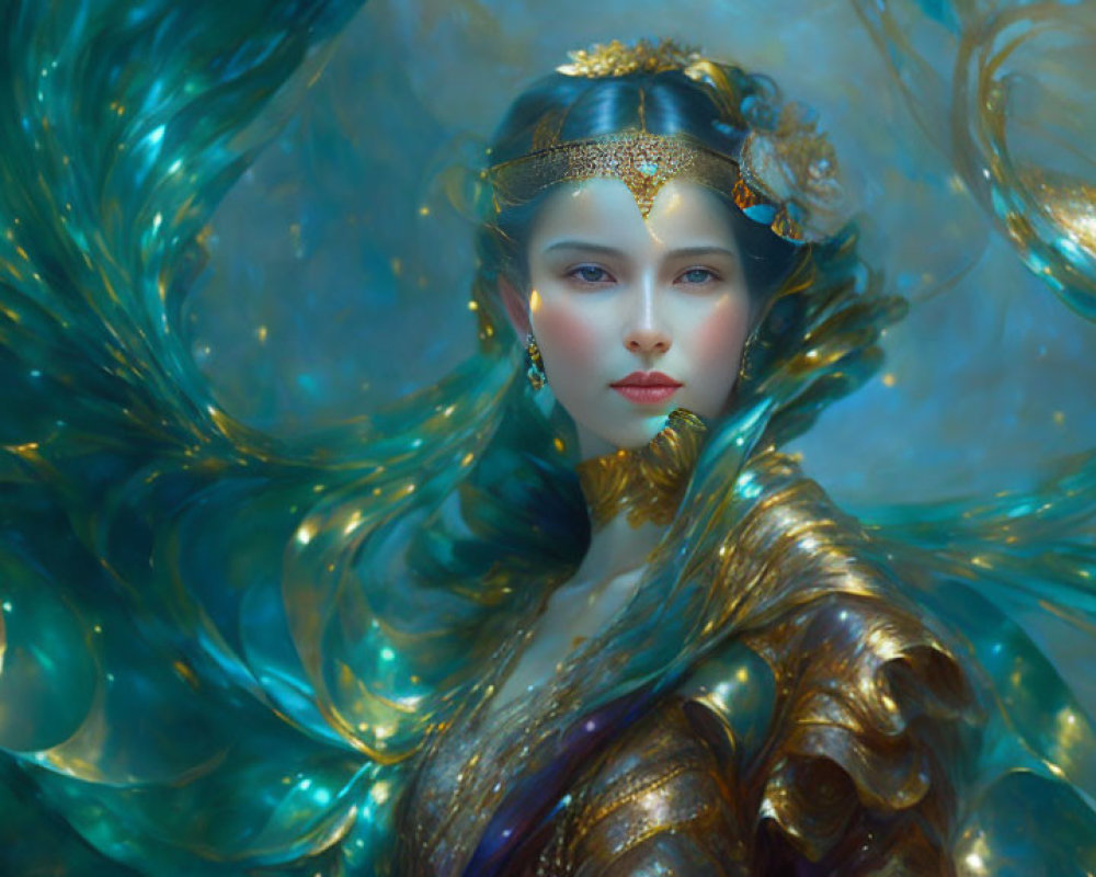 Regal Woman with Golden Headdress and Iridescent Cape