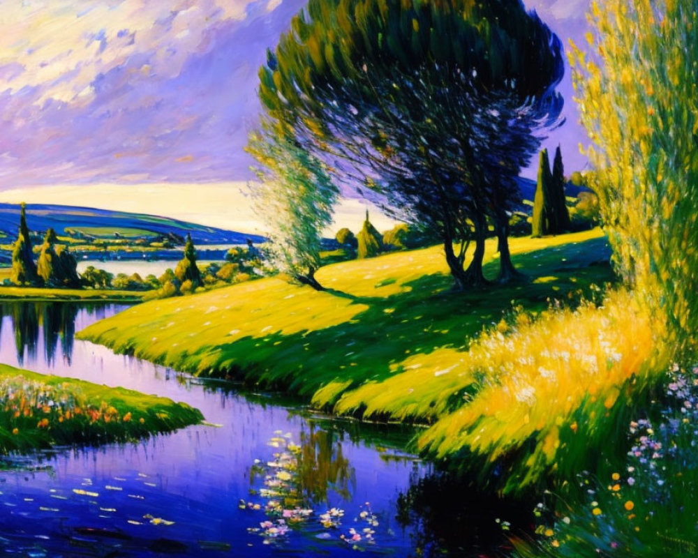 Vibrant landscape painting: riverside, wildflowers, tree, dramatic sky