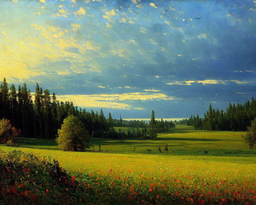 Tranquil landscape painting with lush meadow, red flowers, dense forest, and cloudy sky