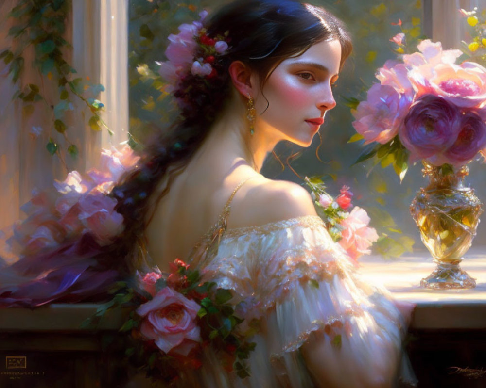 Woman with floral adornments gazing out window in warm light