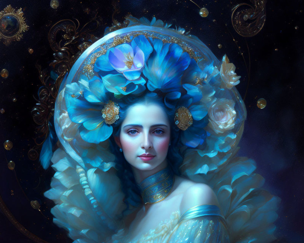Surreal portrait of woman with blue flowers and golden ornaments