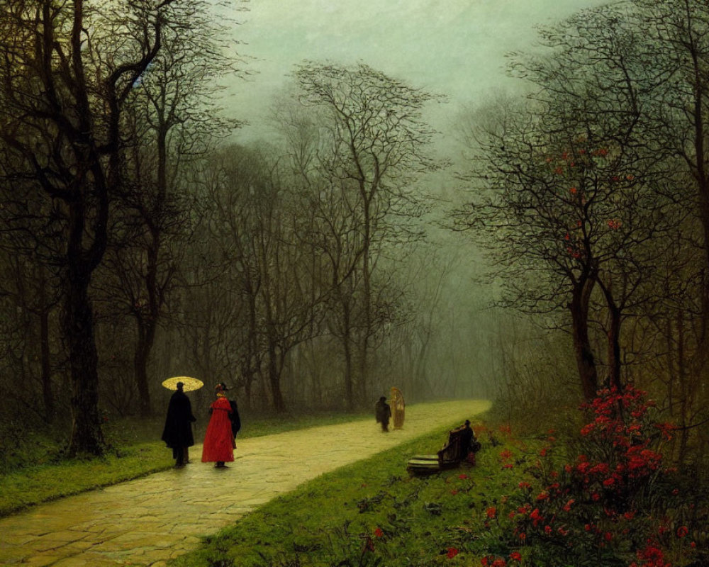 Misty landscape with cobblestone path and figures in nature