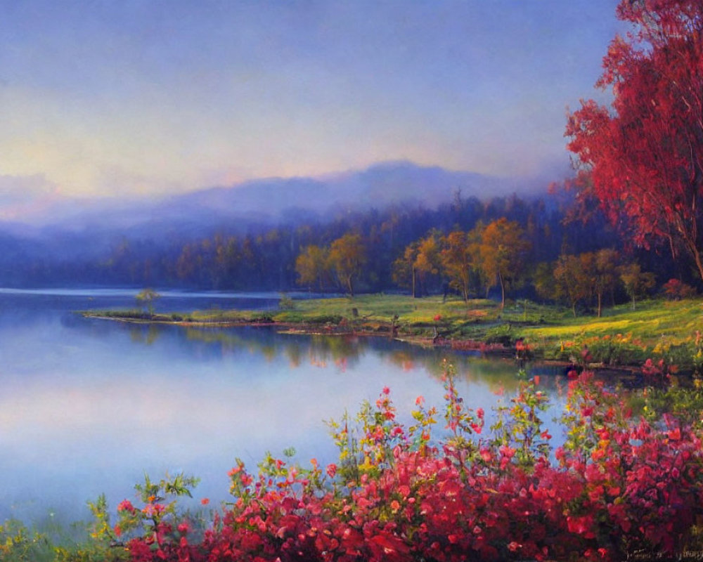 Tranquil dawn lake scene with misty hills, red and pink flowers, calm water reflections