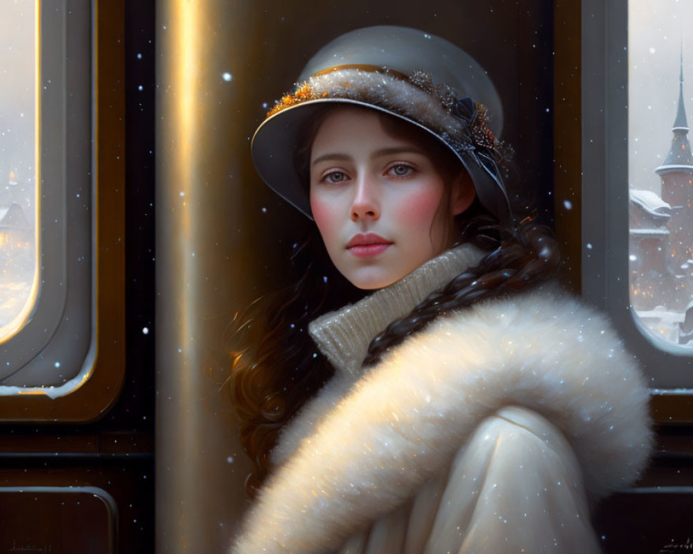 Woman in winter hat and fur-trimmed coat looking out at snowy scene.