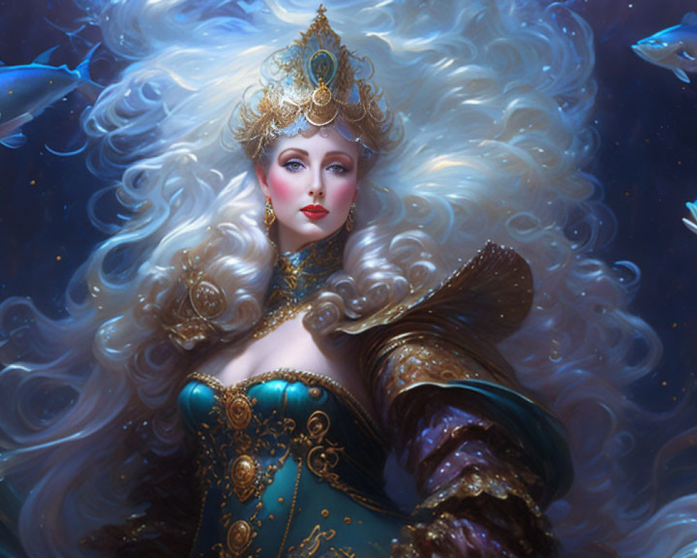 Regal woman with white hair and golden crown in underwater scene with blue fish.