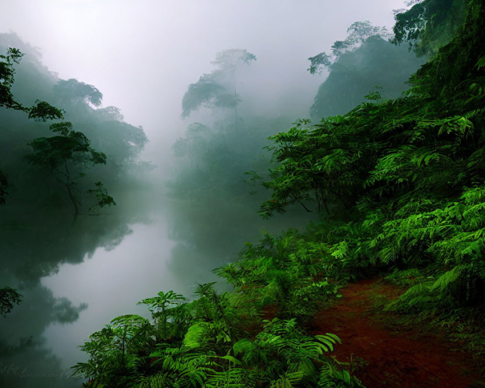 Lush green foliage and tranquil river in misty jungle scene