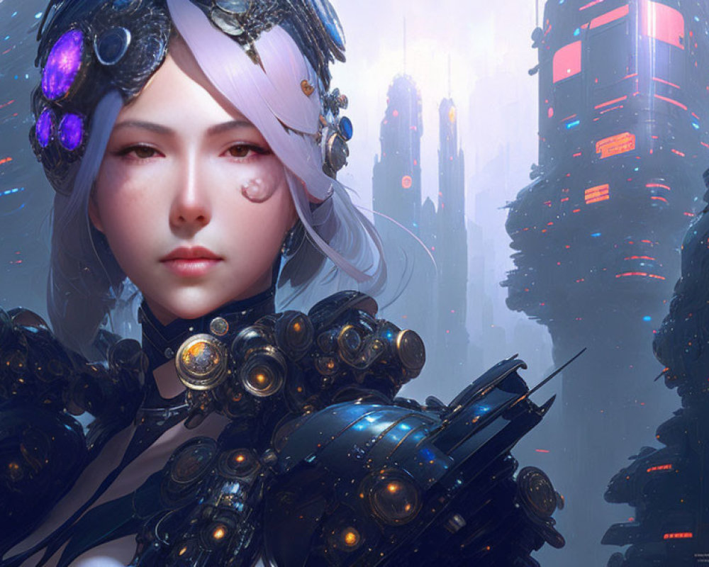 Futuristic white-haired woman in mechanical armor amid cyberpunk skyscrapers