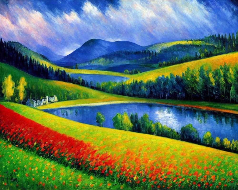 Colorful landscape painting with red poppies, blue lake, green hills, house, and forest under