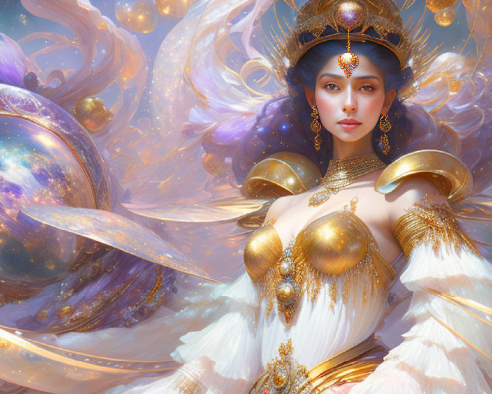 Cosmic-themed illustration of woman with ethereal jewelry and garments