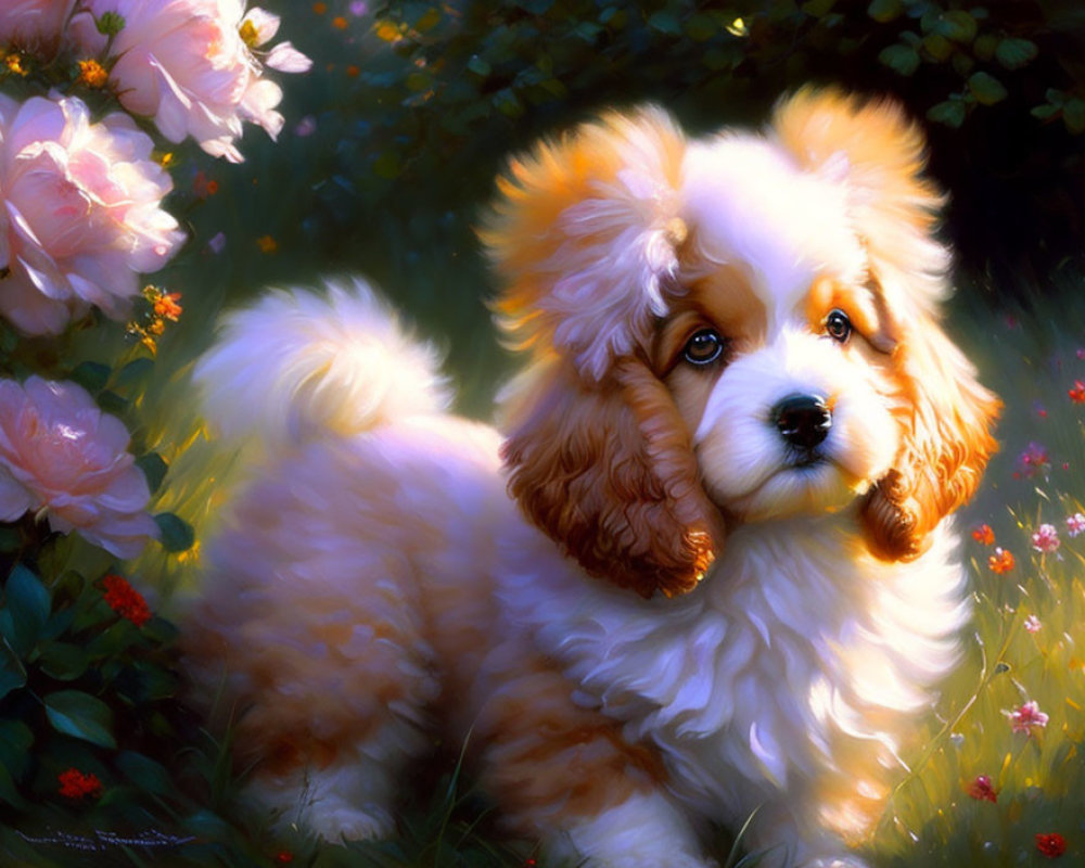 Fluffy white and tan puppy among blooming roses