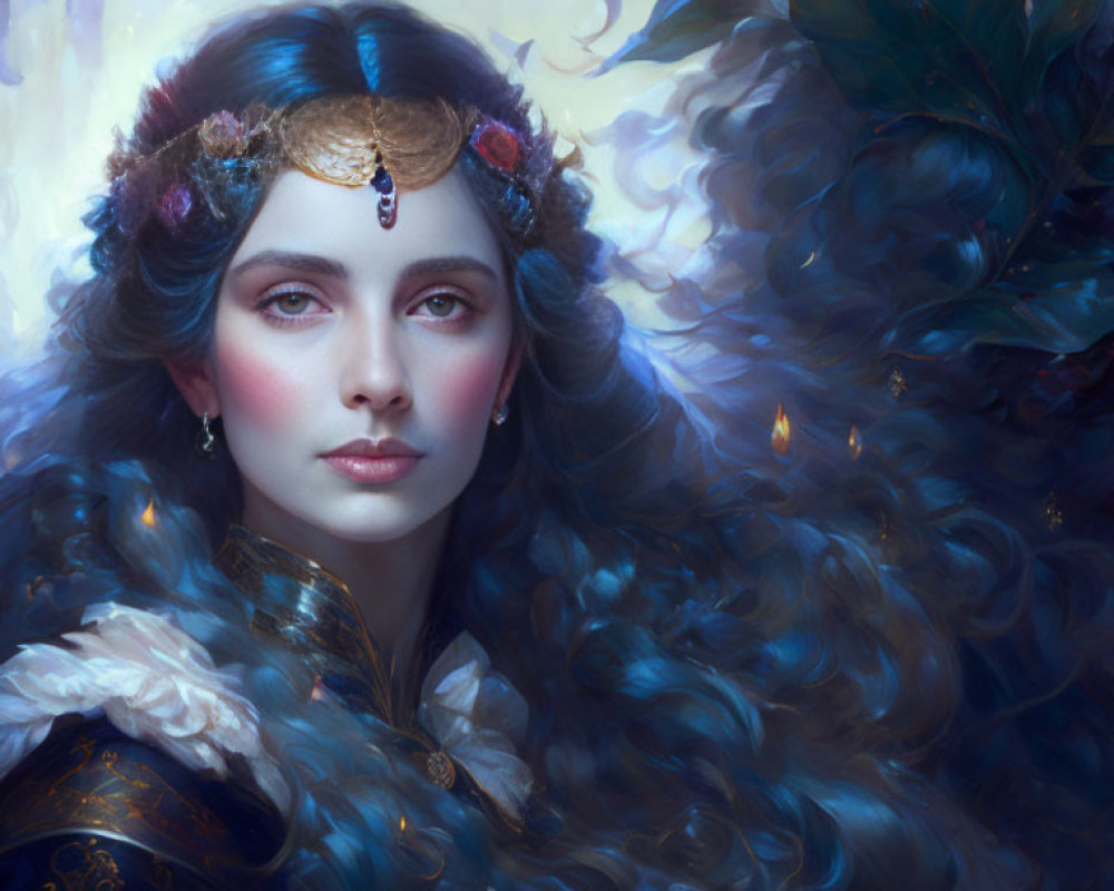Mystical woman portrait with dark wavy hair and golden headpiece
