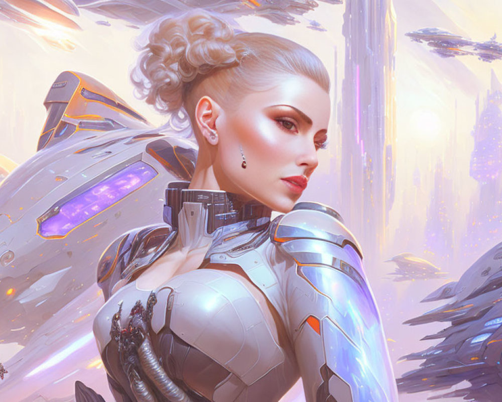 Futuristic digital art: Female cybernetic being with armor and mechanical wings