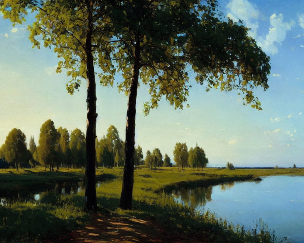 Tranquil landscape painting of tall trees by a calm river