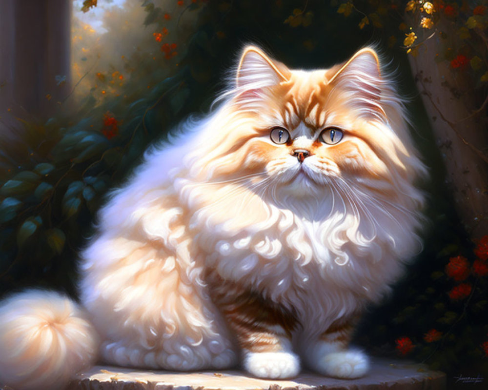 Long-haired cat in soft lighting with red flowers and plants