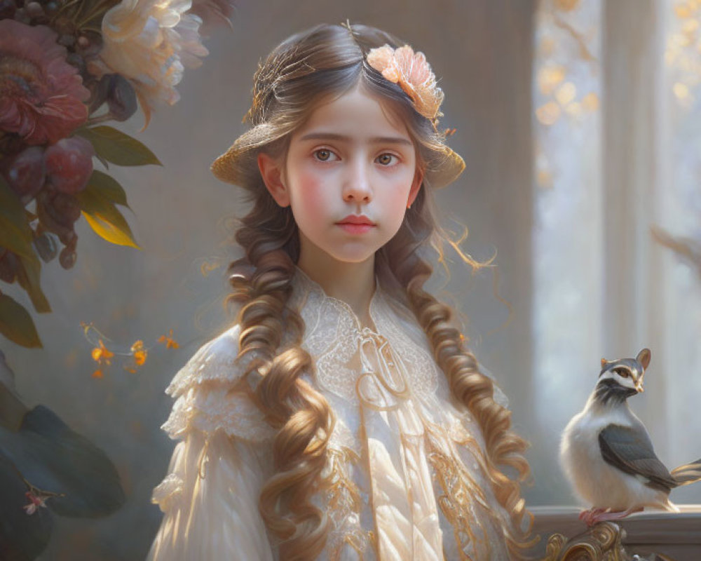 Young girl in vintage dress and hat by window with bird and sunlight.