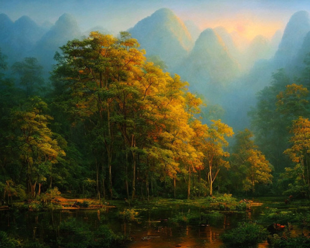 Tranquil landscape with golden trees, calm river, misty mountains
