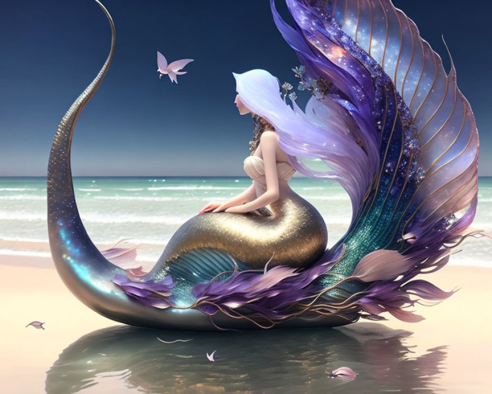 Shimmering gold and purple tail mermaid on beach with butterflies