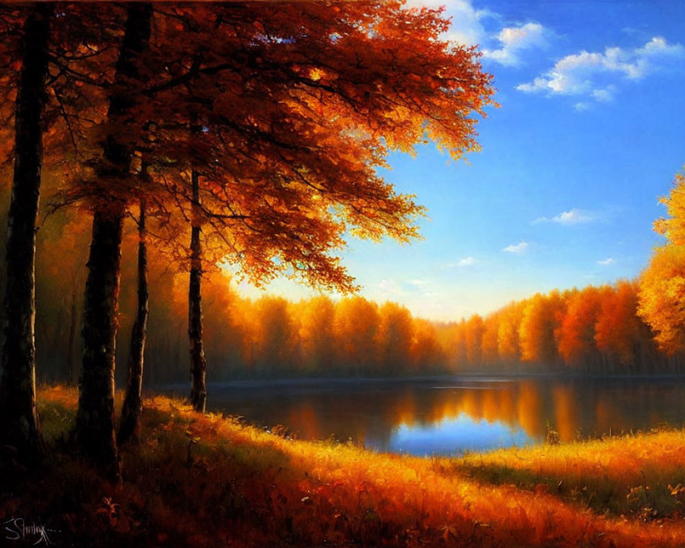Tranquil lake with vibrant autumn leaves reflecting warm colors