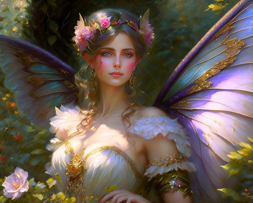 Mythical fairy digital art with purple wings and floral crown