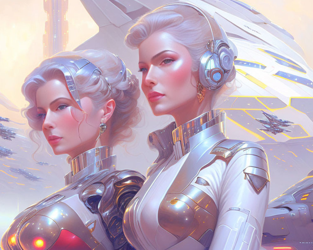 Futuristic women in metallic suits with advanced earpieces in sci-fi cityscape