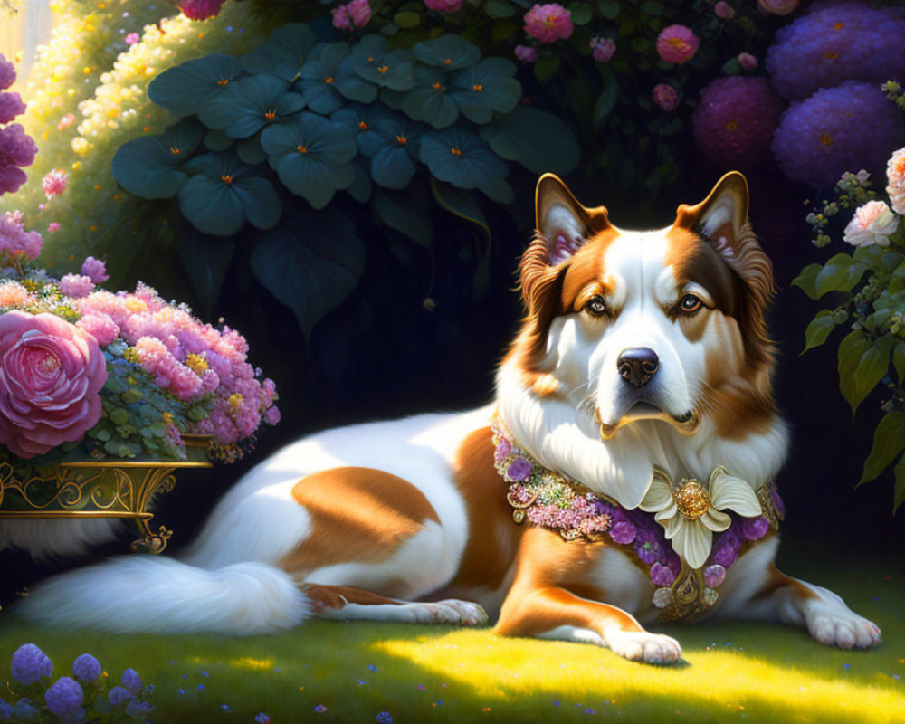 Majestic dog in floral collar lounges in lush garden