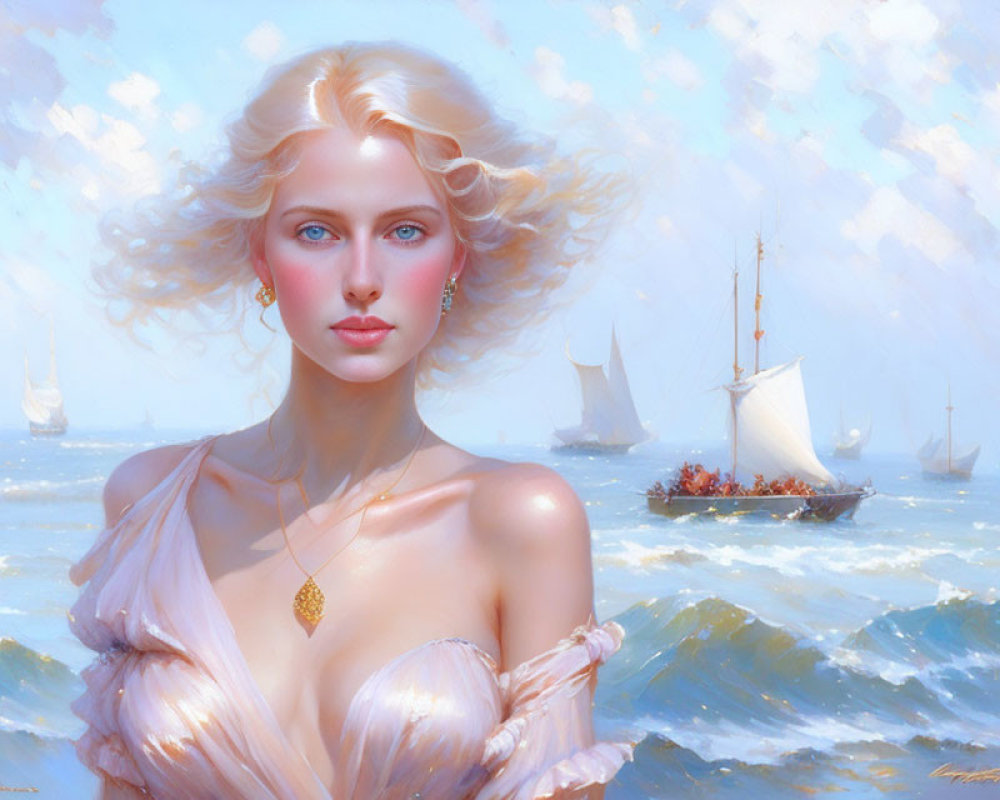 Blonde Woman with Blue Eyes in Sea Painting