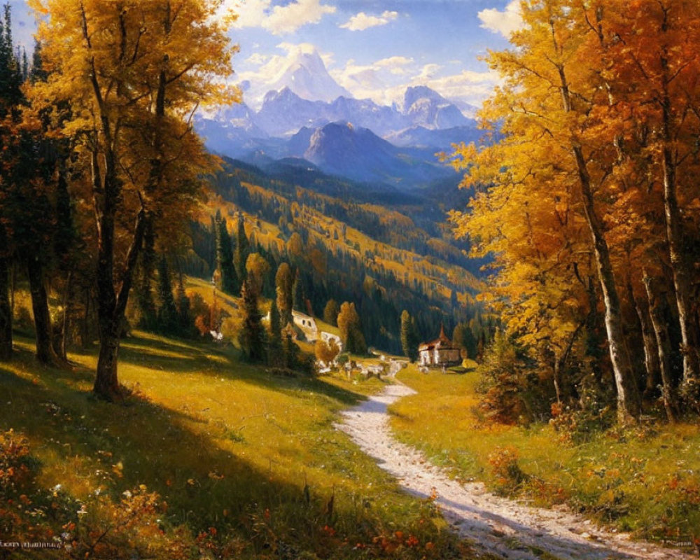 Vibrant autumn landscape: yellow and orange trees, dirt path, village, mountain.