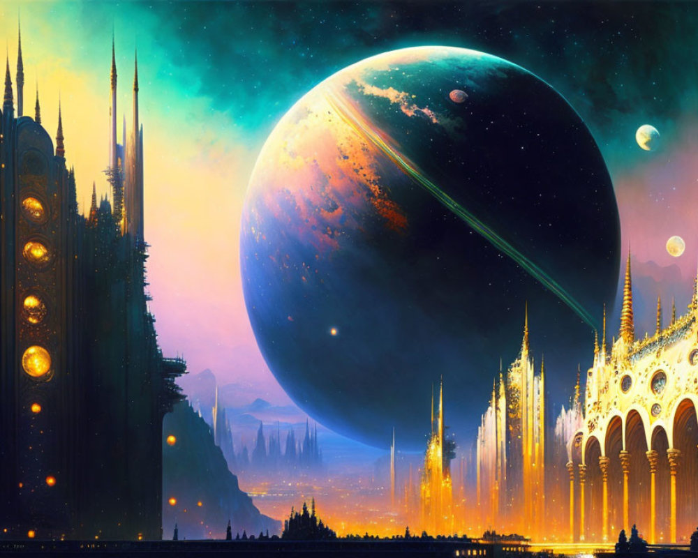 Majestic cityscape with glowing orbs under starry sky