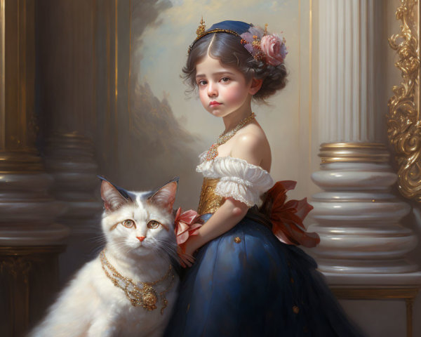 Young girl in royal attire with crown and cat wearing pearl necklace.