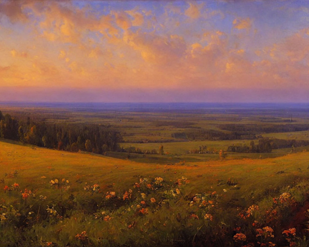 Tranquil landscape painting of meadow, wildflowers, forest, warm-hued sky