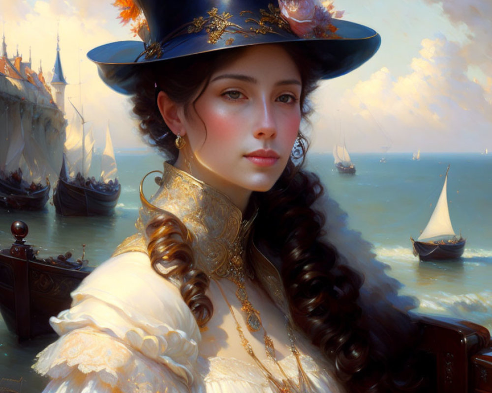 Woman in Wide-Brimmed Hat with Ships in Elegant Maritime Scene