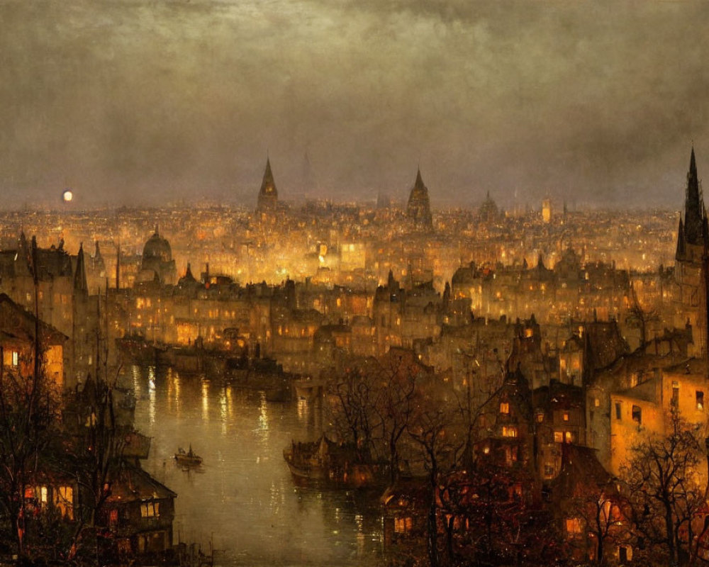 Historical city painting: Twilight scene with glowing lights, spires, river, and misty sky