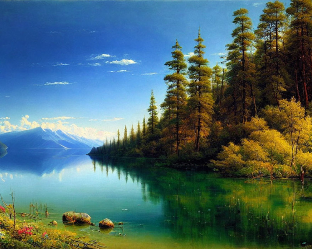 Scenic Lake with Evergreen Reflections and Mountains