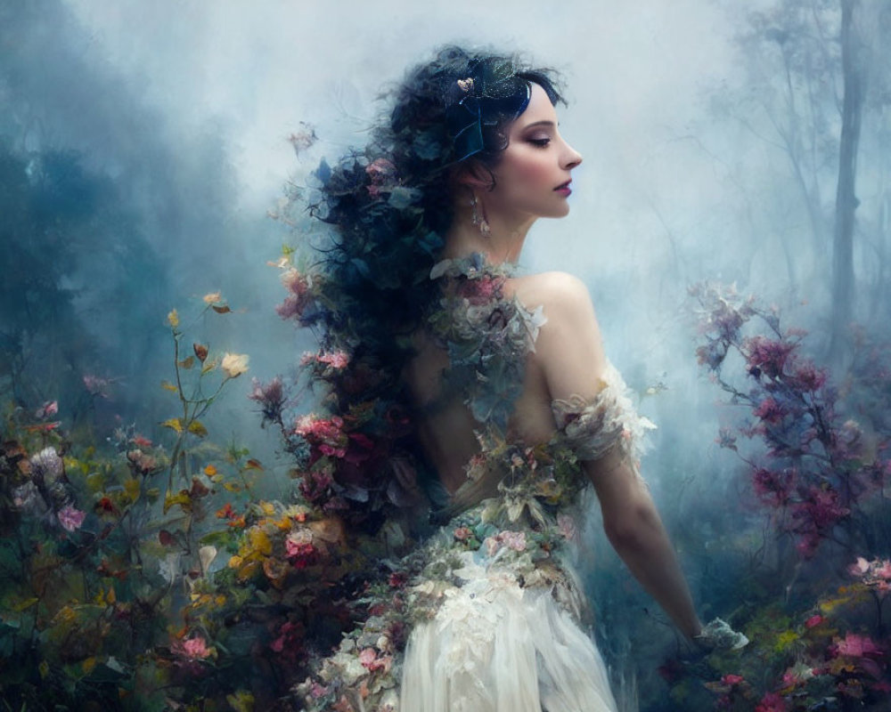 Woman in floral dress surrounded by misty foliage in contemplative pose.