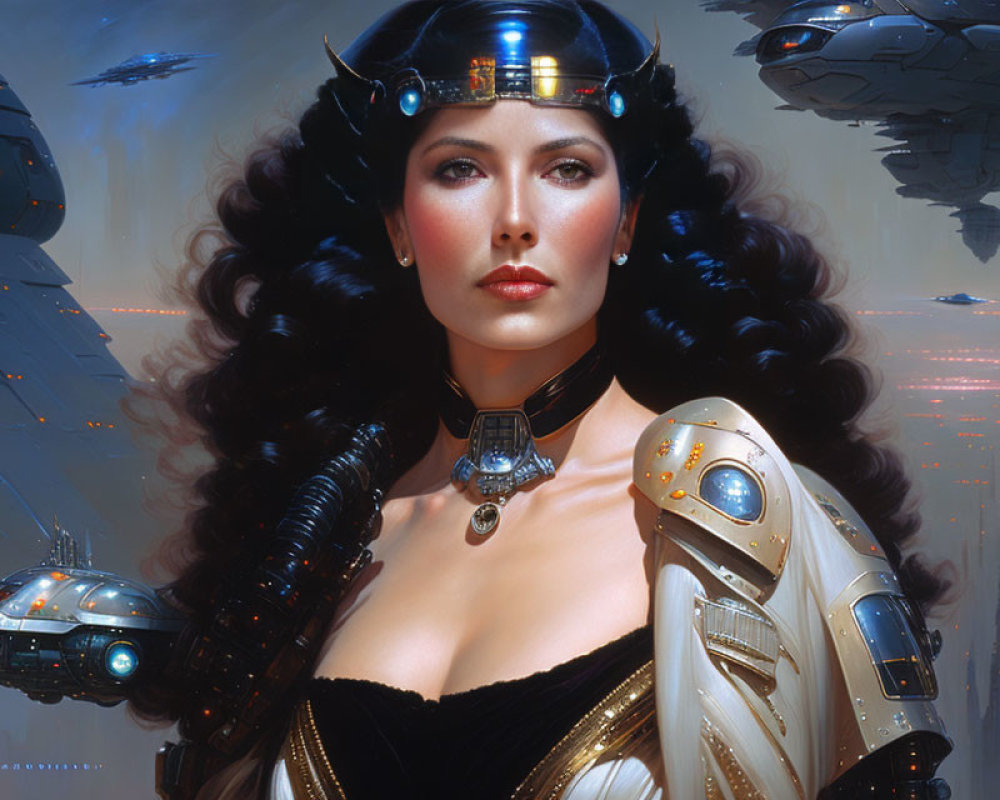 Digital artwork: Woman with dark hair, futuristic attire, headpiece, and flying vehicles.