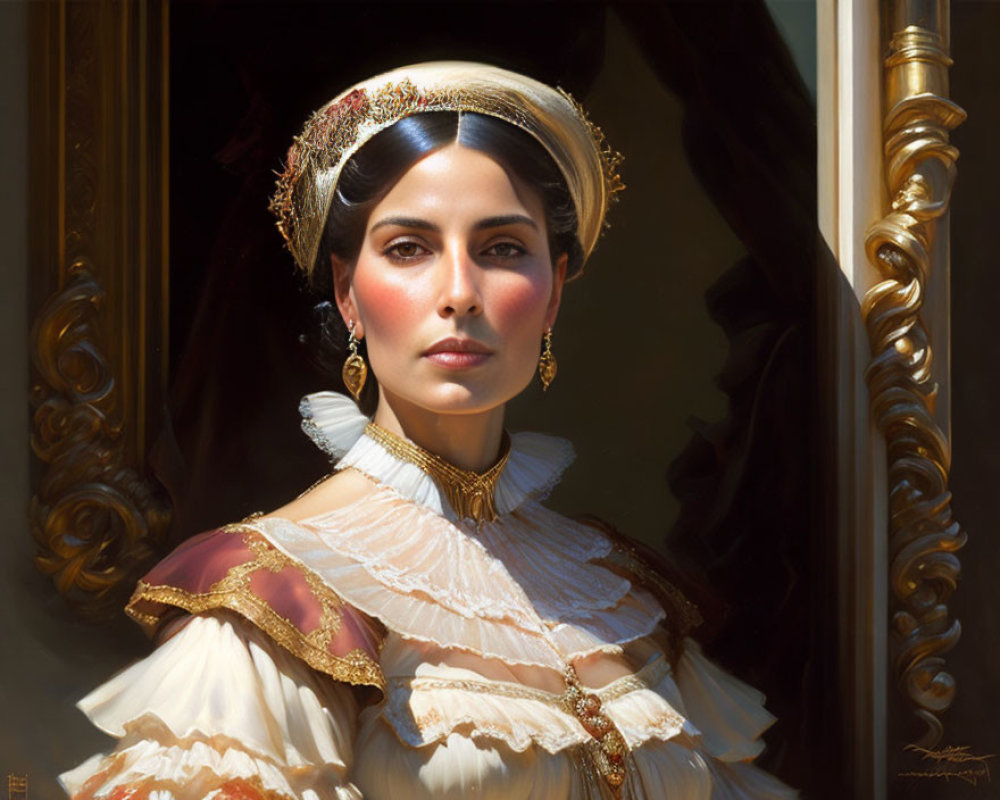 Dark-haired woman in historical dress with ornate jewelry on reflective background