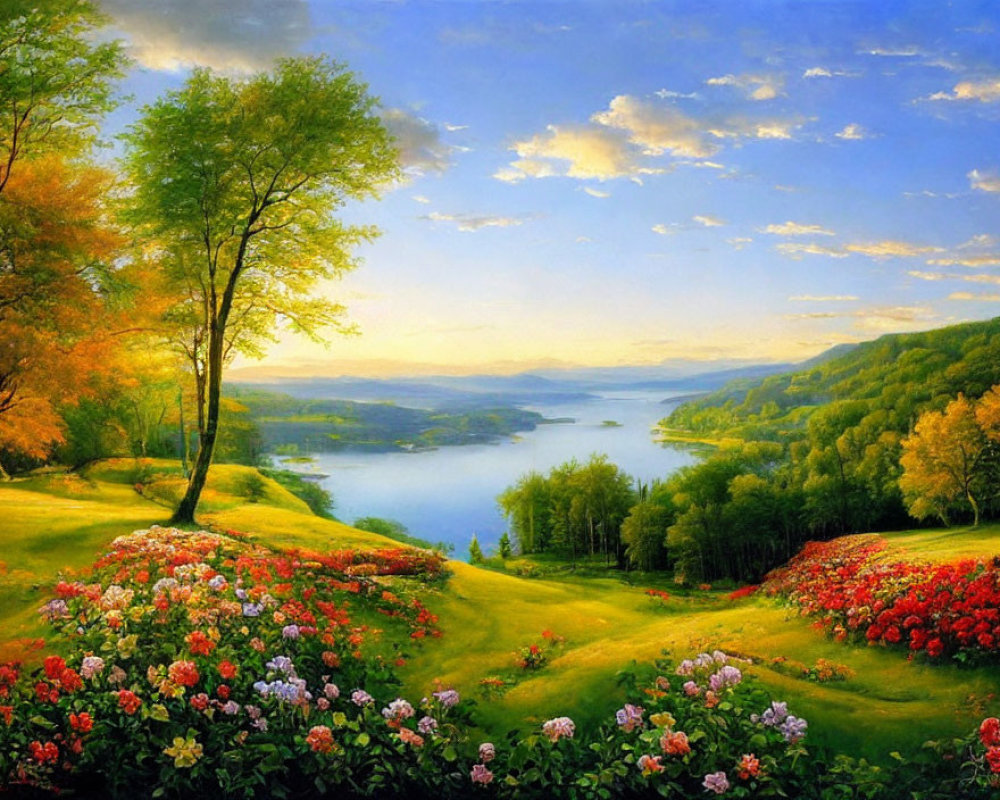 Colorful landscape painting with lush greenery, flowers, lake, and rolling hills.