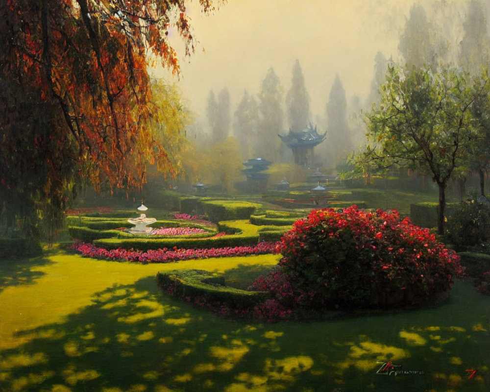 Tranquil garden scene with red flowers, fountain, autumn trees, and oriental pavilion