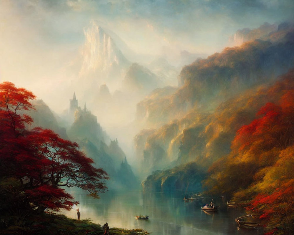 Misty river and autumn trees in serene landscape