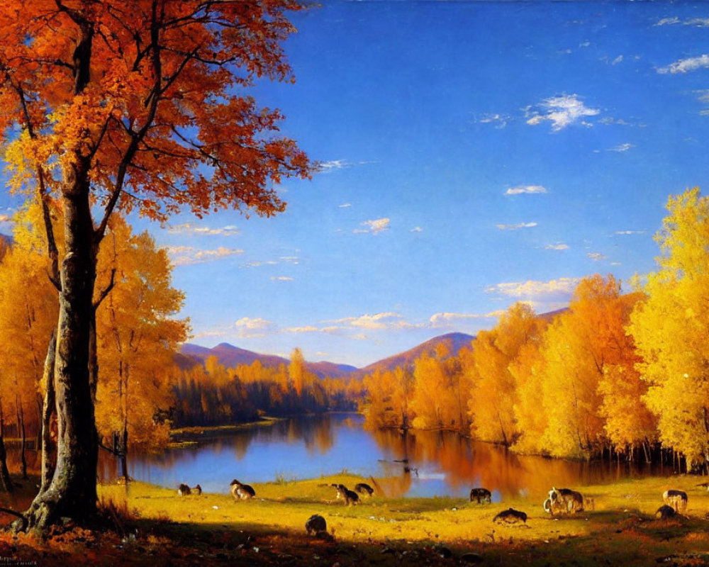 Tranquil autumn landscape: vibrant foliage, calm lake, grazing deer
