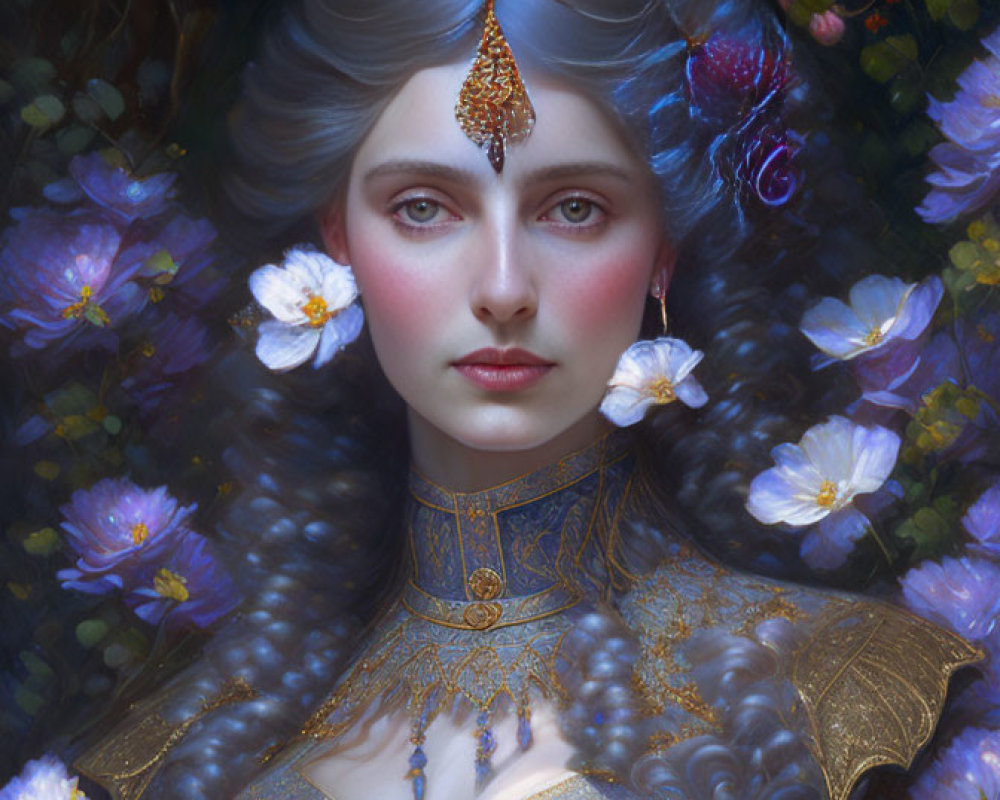 Portrait of woman adorned with golden jewelry among lush flowers