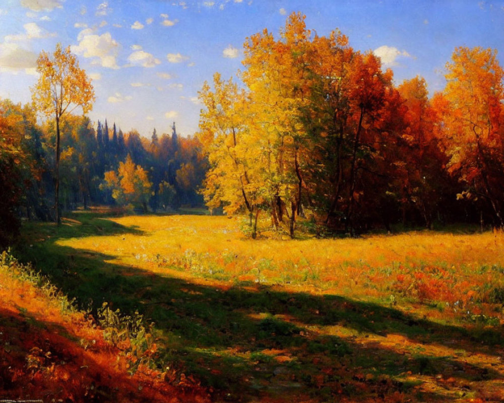 Tranquil Autumn Landscape with Golden Trees and Sunlit Meadow