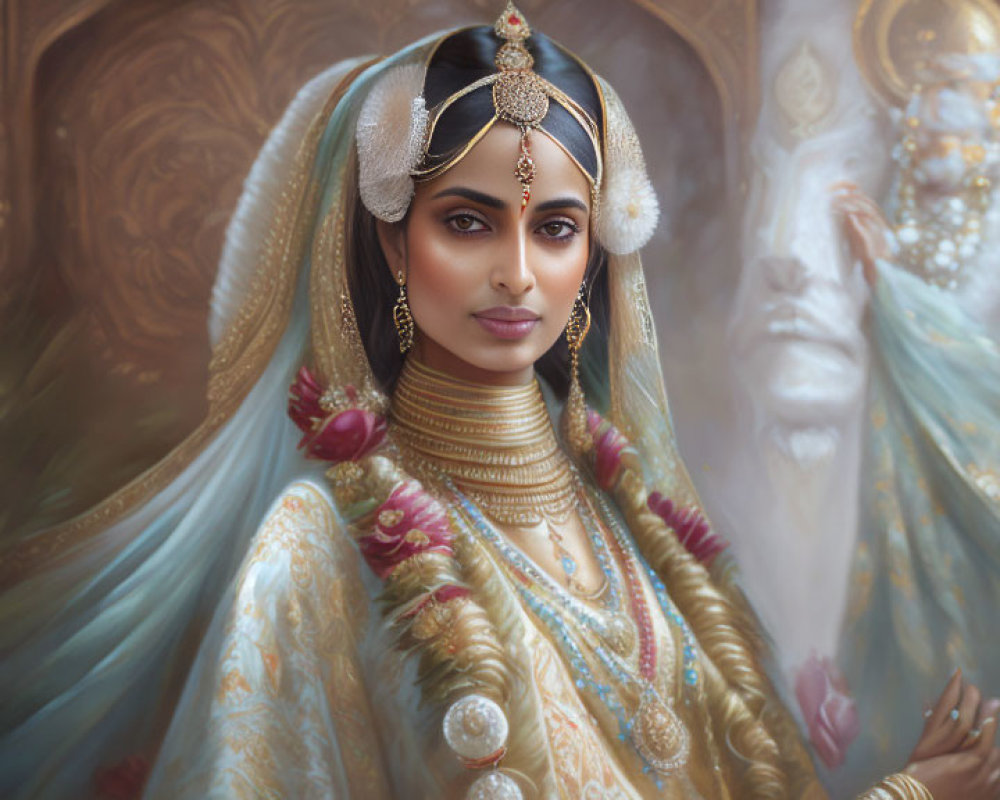 Traditional Indian Bridal Attire Illustration with Detailed Jewelry and Veil