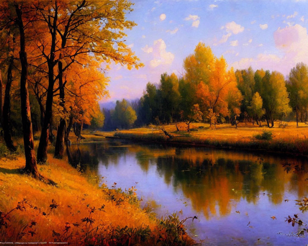 Tranquil autumn scene: vibrant foliage, calm river, hazy sky